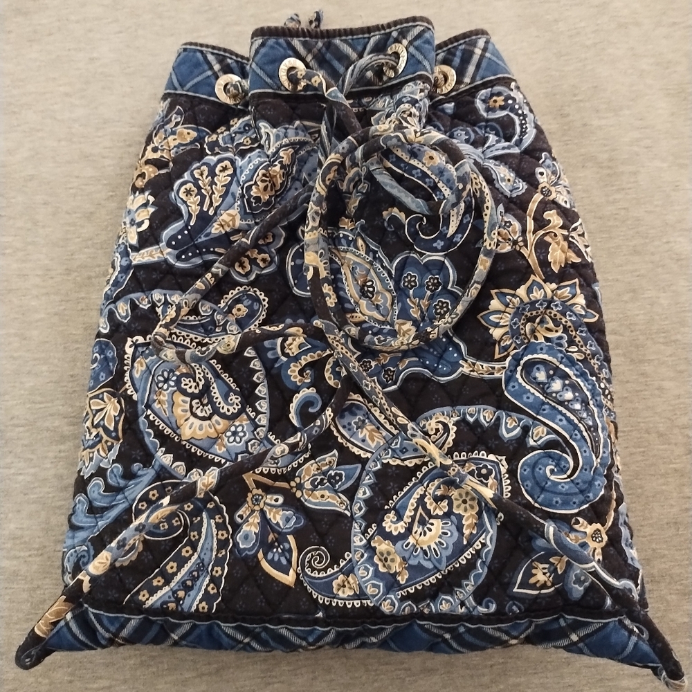 Vera Bradley Drawstring Backpack Blue Floral and Plaid Pattern - Picture 16 of 16